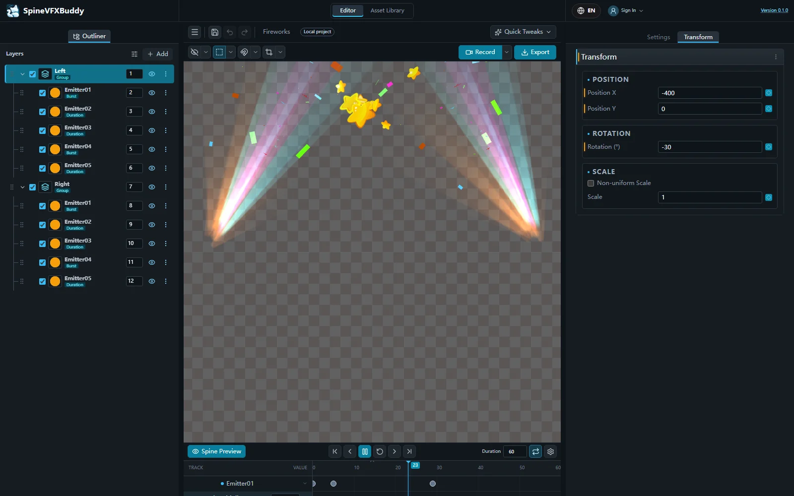 Particle editor with layers, a live canvas, parameter controls and a timeline