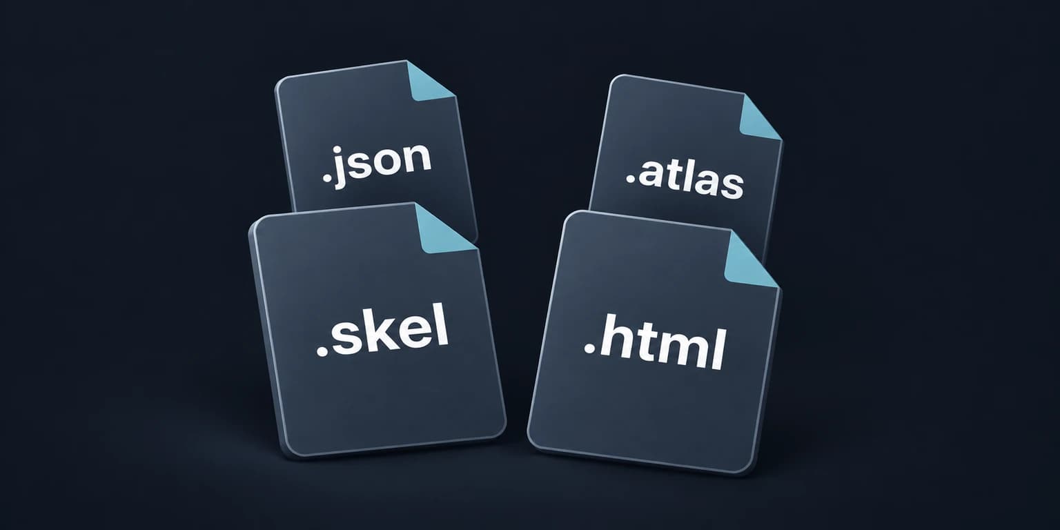 Layered document cards with .json, .atlas, .skel and .html labels, subtle perspective and soft shadows