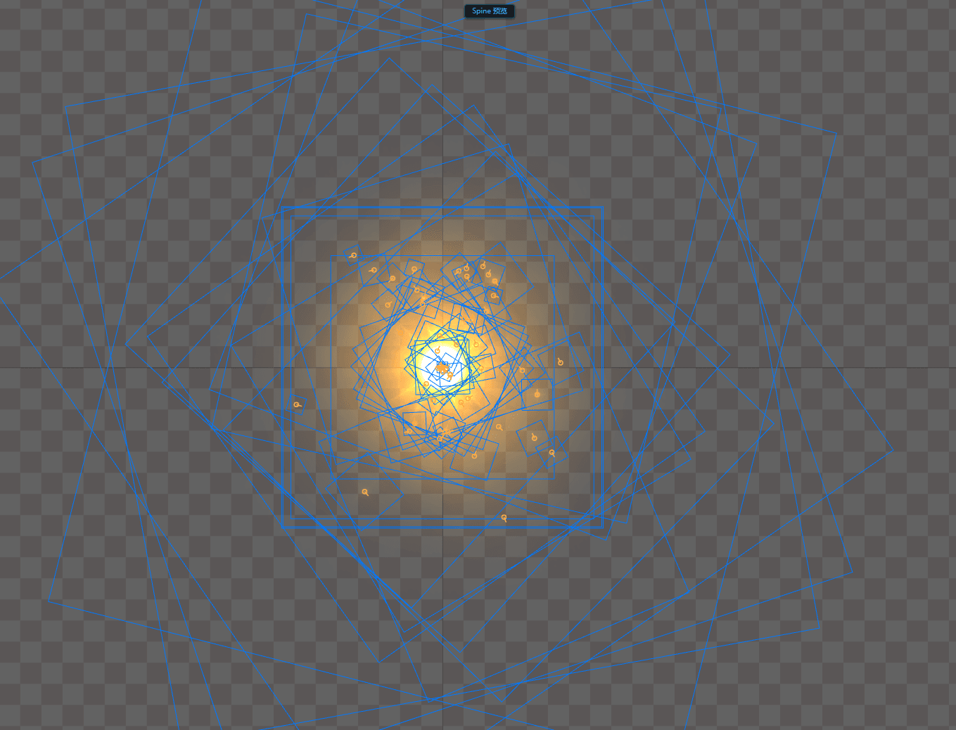 Spine Preview in Editor screenshot: golden particles on a checkerboard canvas with blue bounds and bone markers